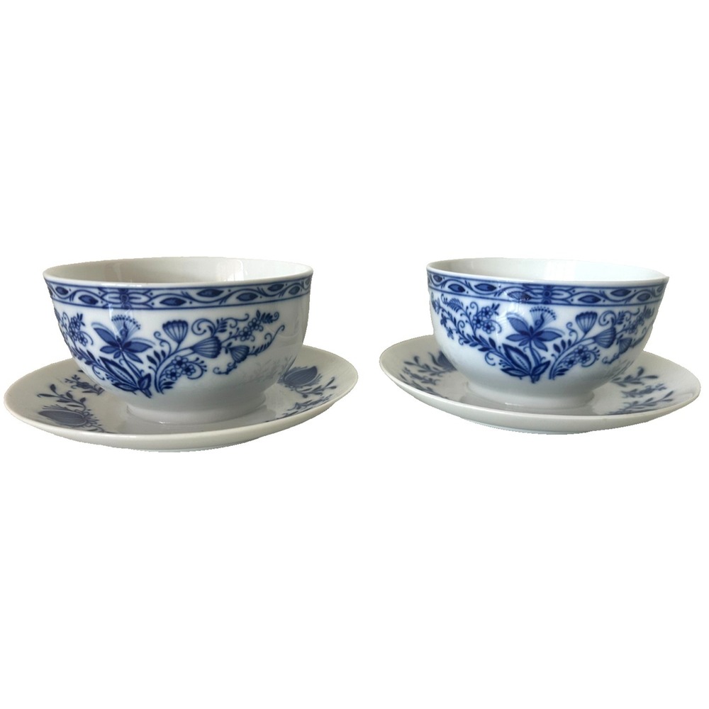 Vintage Blue Onion Winterling Bavaria Bowl Attach Saucer Tea Soup Berry SET TWO
